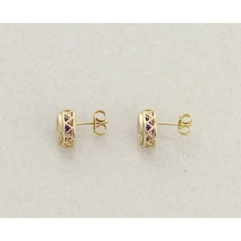 10k Yellow Gold Natural Amethyst Earrings Stud Post - Picture 5 of 8